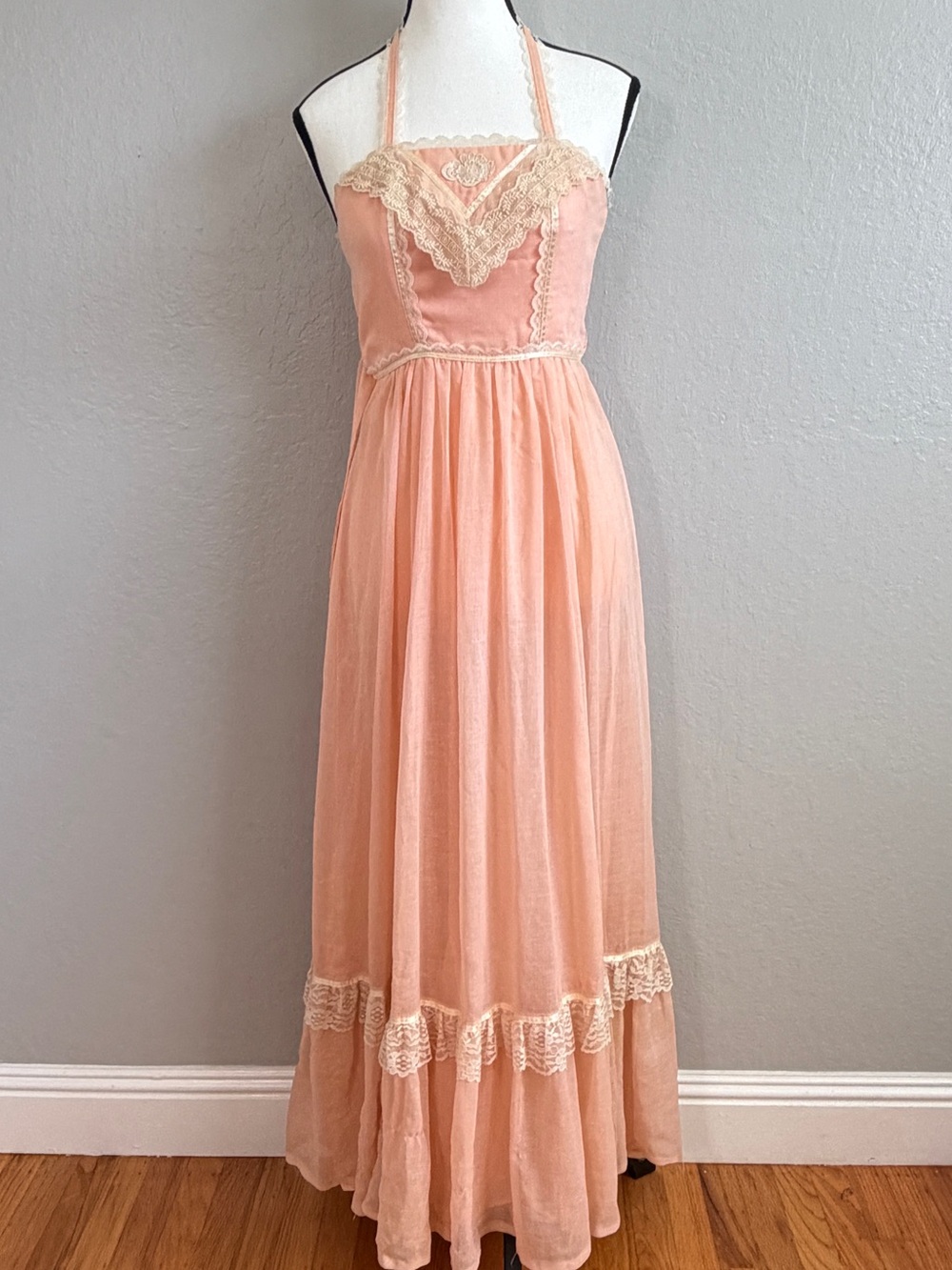 Vintage 70s The Trellis Peach Lace Halter Maxi Dress Cottagecore Boho Prairie